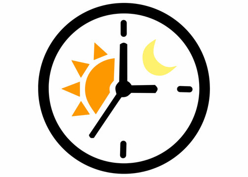 Clock vector icon with sun, crescent moon, and AM PM text isolated on a white background. Graphic line illustration representing 24 hours service, day and night cycle and daily routine