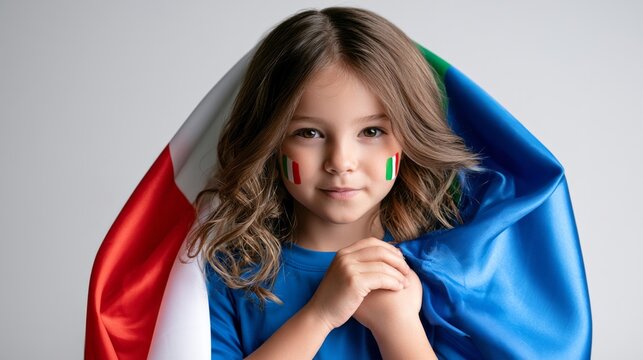 Happy child wrapped in an frances flag with flag paint on her cheeks, expressing national pride and sports fandom