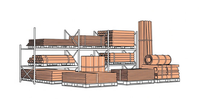 Lumber stacked on metal rack.