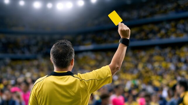 Soccer referee holding a yellow card up in a stadium, signaling a penalty during an important championship game