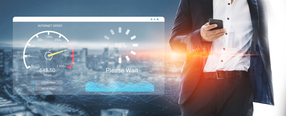 A businessman stands with a smartphone, focusing on an internet speed test interface displayed against a city skyline, showcasing modern technology and connectivity. Ledger © InfiniteFlow