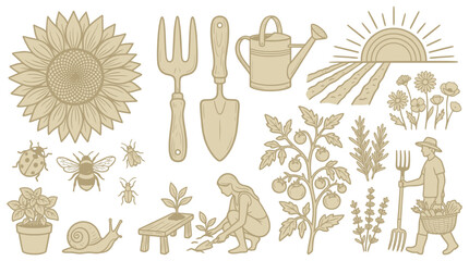 Gardening and farming vector elements set with tools plants people and insects © Pronob Kumar Ray