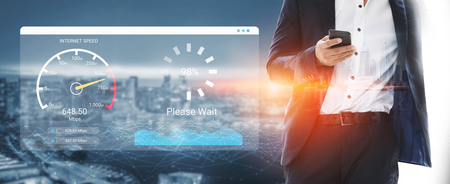 A businessman stands with a smartphone, focusing on an internet speed test interface displayed against a city skyline, showcasing modern technology and connectivity. Ledger