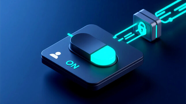 Isometric 3D render of glowing toggle switch representing user consent for security highlighting Digital Privacy Legislation on dark blue tech background