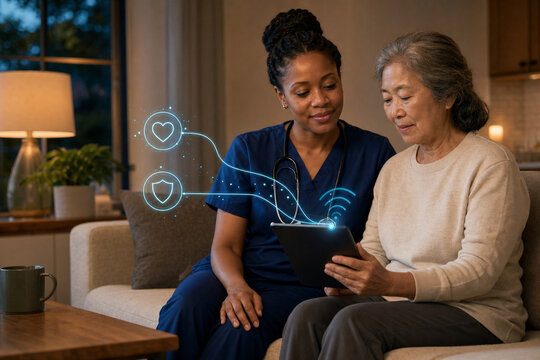 Community nurse supporting senior telehealth