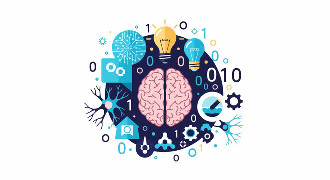 Artificial Intelligence and Machine Learning Concept Illustration with Human Brain, Binary Code, and Digital Technology Icons