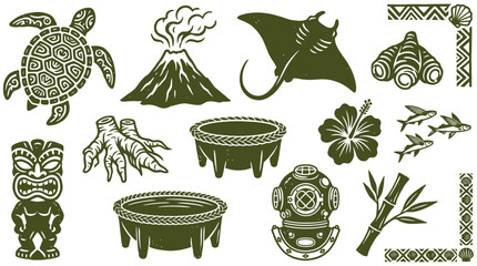 Polynesian Tropical Culture Vector Elements Set with Tiki Statue, Sea Turtle, Volcano and Hibiscus Flower © Pronob Kumar Ray