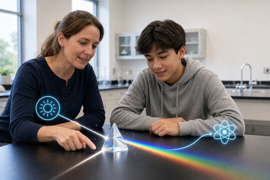 Teacher demonstrating prism light science