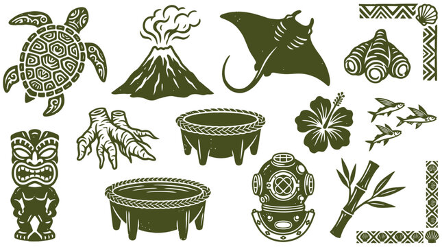 Polynesian Tropical Culture Vector Elements Set with Tiki Statue, Sea Turtle, Volcano and Hibiscus Flower