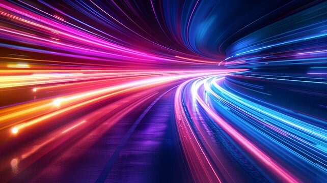 High speed neon warp tunnel light trails for futuristic data transfer and internet connection concept