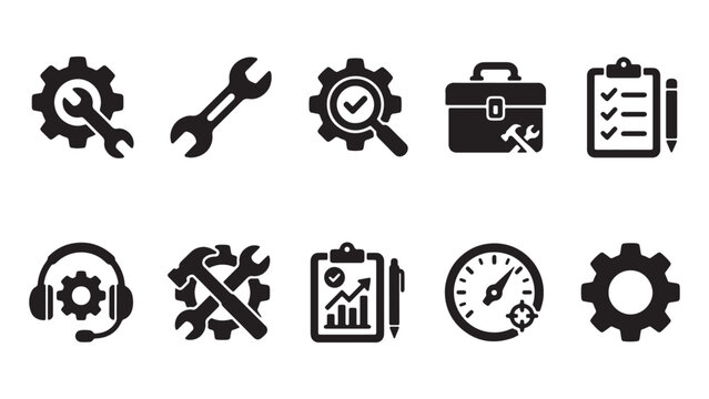 Set of maintenance management and technical support flat vector icons with maintenance management technical checklist optimization performance speedometer