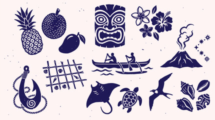 Obraz premium Set of Polynesian cultural elements and tropical nature silhouettes vector illustration