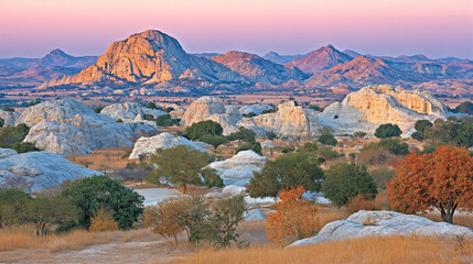 Naklejka premium Rugged granite rock formation landscape at sunset with soft lighting boulders landscape