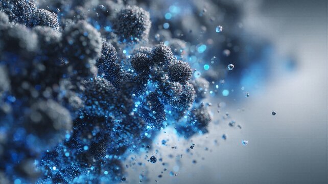 Abstract macro blue metallic dust particles dissolving into glowing spheres for futuristic science background