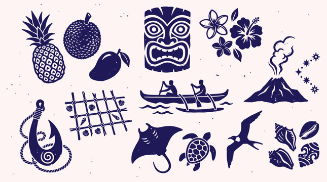 Set of Polynesian cultural elements and tropical nature silhouettes vector illustration