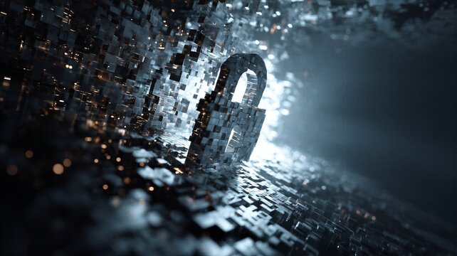 3D digital padlock made of glowing blocks for cybersecurity data protection and privacy tech concept