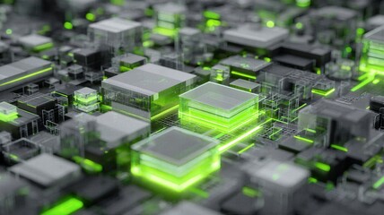 Fototapeta premium Macro view of futuristic green glowing circuit board processors for artificial intelligence hardware