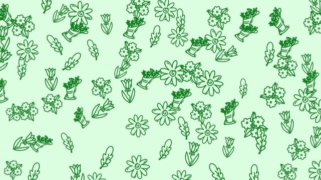 Seamless looping animation featuring hand-drawn floral doodles, leaves, and flower bouquets arranged in a decorative repeating pattern on a soft green background.