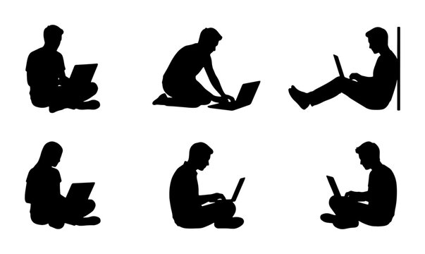 Silhouette People with Laptops, Diverse Poses, Vector Icons Set for Digital Life, Remote Work, and Online Learning Concepts