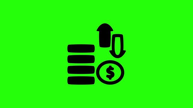 Beautiful 4K motion asset containing a neat stack of dollar coins with conflicting up and down arrows silhouette bouncing. Clean forex chart graphic.