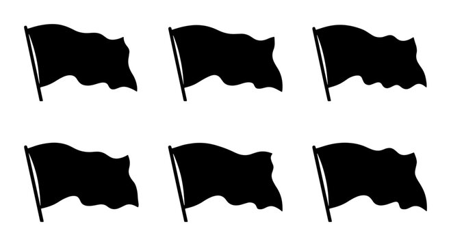 Six Black Waving Flags, Vector Icons Set, Simple Silhouette Design, Isolated Graphics for Protest, Symbolism, or Announcement