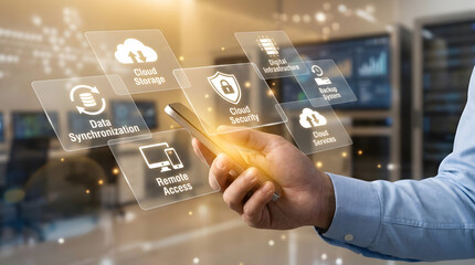Obraz premium Cloud computing and data security concept with hand holding smartphone and holographic digital infrastructure icons in a blurred server room background