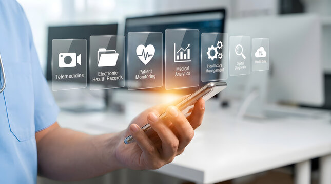 Doctor Using Smartphone for Digital Healthcare Services with Telemedicine and Electronic Health Records Icons Overlay