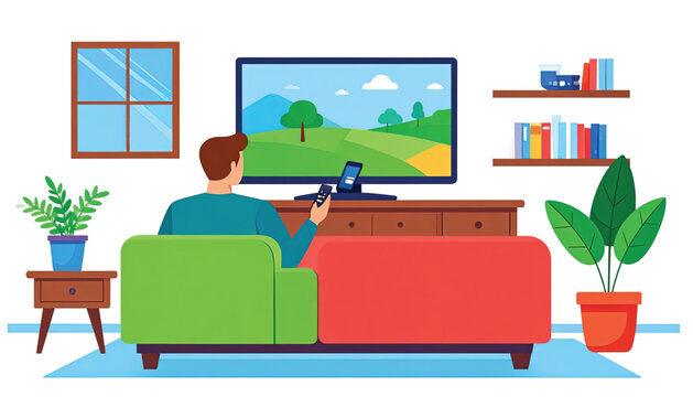 Man sitting on green couch watching TV.