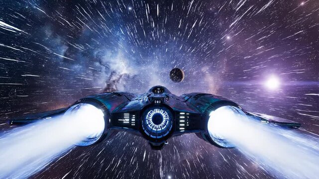 Futuristic spaceship traveling through a vibrant nebula at warp speed.