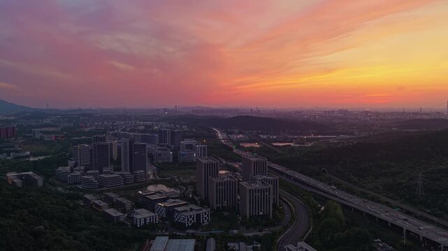 Aerial photography of urban landscapes and city skylines at sunset.