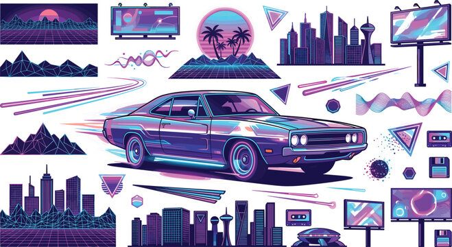 Synthwave retro 1980s neon vector element pack featuring muscle car cyberpunk city skyline billboard lights outrun sunset and nostalgic futuristic graphics.