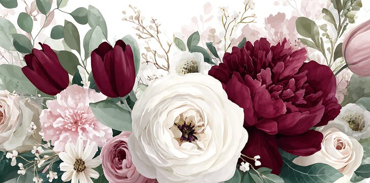 Watercolor floral seamless border green leaves, burgundy maroon pink peach blush white flowers leaf branches. Wedding invitations, greetings wallpapers, fashion, prints. Eucalyptus, olive, rose, peony