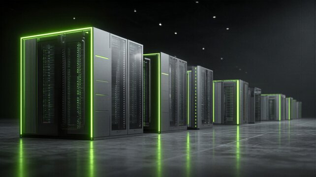 Modern futuristic data center with illuminated green server racks for artificial intelligence