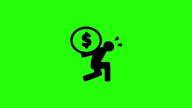 Crisp 4K resolution clip of a human character silhouette carrying a heavy giant dollar coin on back silhouette bouncing. Great economic depression icon.