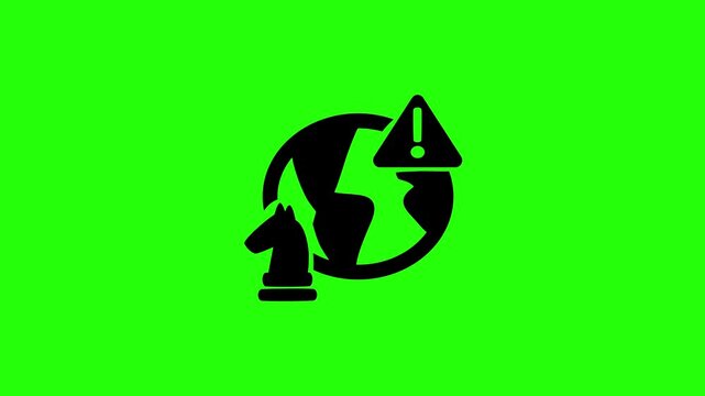 Professional 4K footage of an international world globe with a chess knight piece and warning alert silhouette bouncing cleanly. Global tension web icon.
