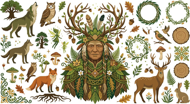 Forest spirit mythology vector element kit featuring pagan horned god native shaman woodland animals deer wolf owl fox and magical nature illustrations.