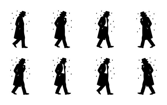 Detective Walking Animation Sequence, Silhouette Figure in Trench Coat, Noir Style Character Loop, Mystery Investigation Motion Graphics