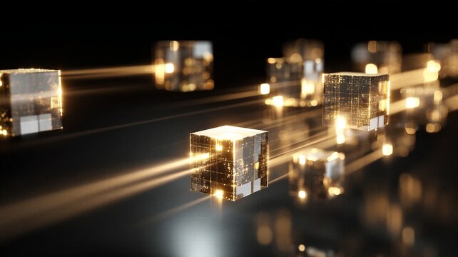 Macro view of glowing golden digital data grids inside floating transparent glass cubes in dark cyberspace