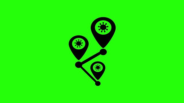 4K video asset capturing connected geographic location map pins containing infectious biohazard virus silhouettes bouncing. Clean medical epidemic icon.