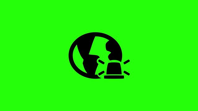 Crisp 4K resolution clip of a geographic world globe with an attached emergency warning siren beacon silhouette bouncing. Great worldwide emergency icon.