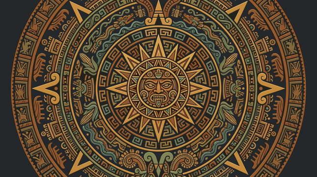 A detailed Aztec sun stone calendar illustration. Ornate circular design with ethnic symbols, ancient culture patterns, and a warm color palette. Perfect for history, travel, or art projects.