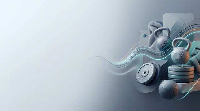 3d render of gym equipment including kettlebells and weight plates with dynamic flowing light motion for fitness branding