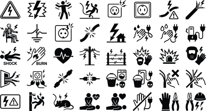 Electrical hazard and shock accident icon collection in black. Set of electrocution, lightning, socket, cable, danger, and electric injury icons. 