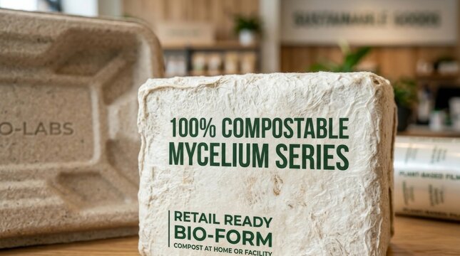 100% Compostable Mycelium Bio-Form Packaging on Wooden Surface