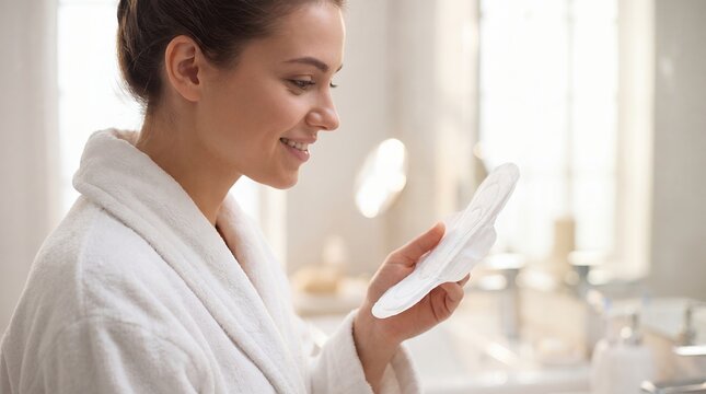 Young woman holding sanitary napkin with reassuring smile for menstrual care and wellbeing concept