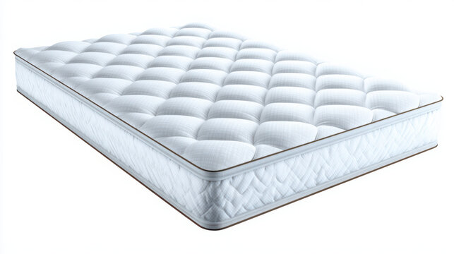 White mattress with tufted top and brown trim isolated on white background