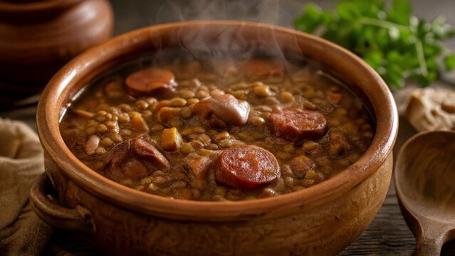 A rustic ceramic pot containing a slow-cooked stew of sausage and lentils.