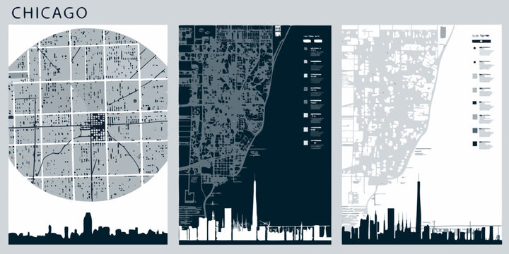 Chicago City Map Posters Minimalist Vector Illustration Set With Skyline Silhouettes