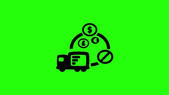 Dynamic 4K resolution asset showing a freight cargo delivery truck surrounded by cash coins and a prohibition sign silhouette bouncing. Playful trade icon.