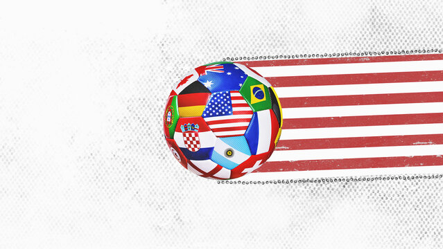A highly detailed real soccer ball covered with multiple national flags symbolizing an international football tournament, Urban flat design art.